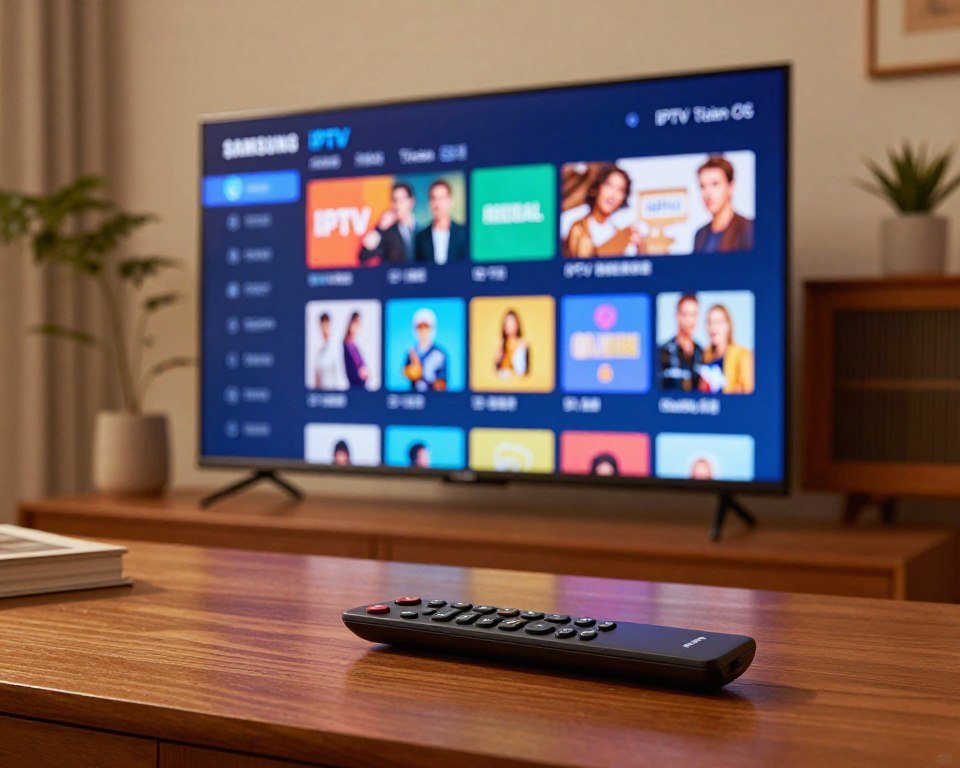 A modern Samsung Smart TV displaying the IPTV Smart TV application interface, highlighting its compatibility with Tizen OS. In the foreground, a sleek TV remote is placed on a wooden coffee table, with buttons illuminated softly by warm ambient lighting. The middle ground features the TV screen showcasing a vibrant channel list with clear visuals of various IPTV content categories and icons. The background is a cozy living room setting, furnished tastefully with neutral colors and decorative plants. The overall atmosphere is warm and inviting, emphasizing ease of use and the modern technology of streaming on Samsung TVs. Soft lighting creates a relaxed mood, with a focus on the seamless user experience offered by IPTV on Tizen OS.