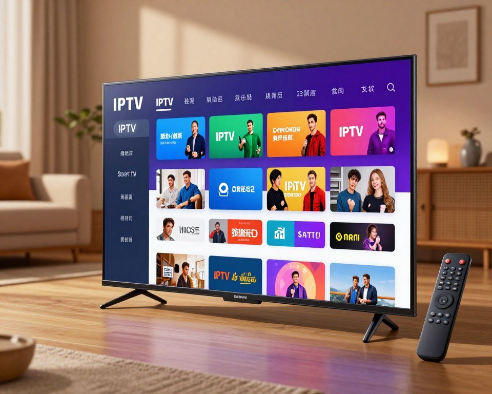 A modern Samsung Smart TV prominently displays the IPTV Smart TV app interface, showcasing a vibrant channel list with thumbnails of various streaming options. In the foreground, a sleek remote control rests beside the TV, suggesting user interaction. The middle layer features the TV screen, glowing softly with vivid colors that create a warm and inviting atmosphere conducive to relaxation and entertainment. In the background, a cozy living room setting includes a comfortable couch and soft lighting, enhancing the mood of a family gathering. The room is well-lit with gentle, ambient light that highlights the technology while maintaining a welcoming vibe. The perspective is slightly angled to emphasize the smart features of the TV and create an engaging, immersive experience.