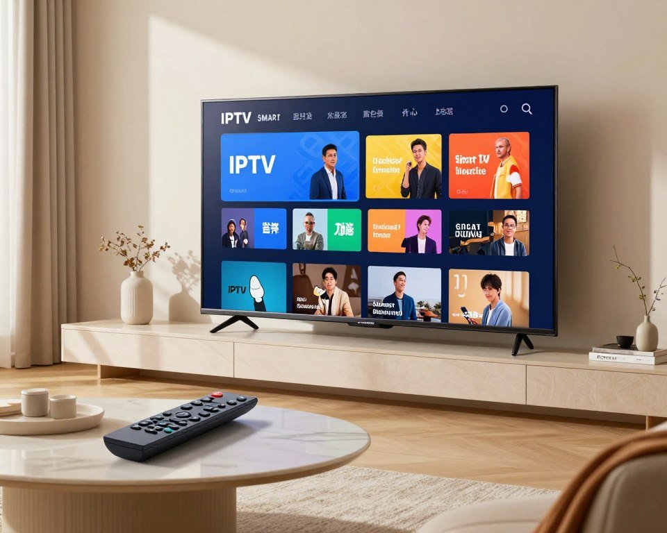 A modern living room setting featuring a large Samsung Smart TV displaying the IPTV Smart TV application interface. In the foreground, a sleek remote control rests on a stylish coffee table, while a cozy sofa is positioned nearby. The middle ground showcases the TV screen vividly showing a user-friendly channel list with vibrant thumbnails, highlighting a variety of content. Soft, natural light filters in through a window, casting gentle shadows and creating a warm atmosphere. The background is designed with minimalist decor, emphasizing a contemporary feel. The colors are bright and inviting, reflecting a friendly environment for users engaging with the IPTV app. Overall, the scene evokes a sense of comfort and accessibility in using technology for entertainment.